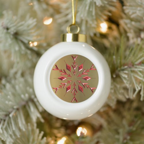 Red Christmas Snowflake on Gold Ceramic Ball Christmas Ornament