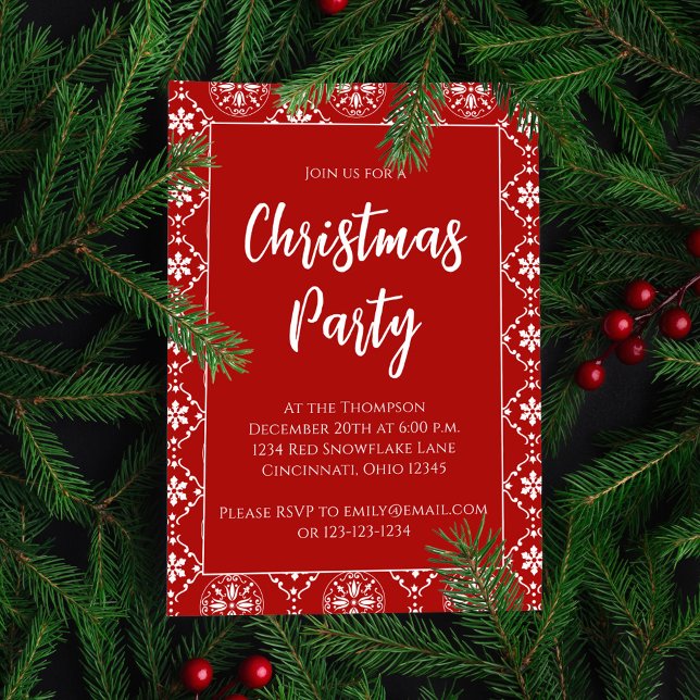 Red Christmas Snowflake Pattern Party Holiday Card (Merry Christmas red holiday snowflake pattern invitation. )