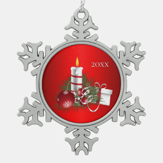 Red Christmas Snowflake Pewter Christmas Ornament (Front)