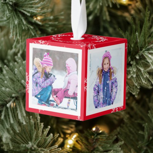Red Christmas Snowflake Seasons Greetings Photo Cube Ornament