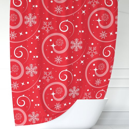 Red Christmas Snowflakes And Swirls Shower Curtain