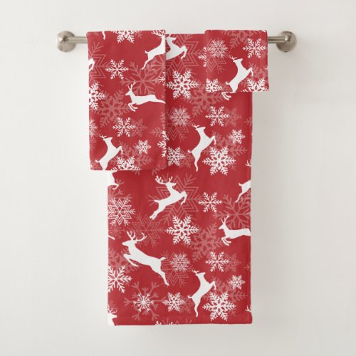 Red Christmas snowflakes deer pattern Bath Towel Set