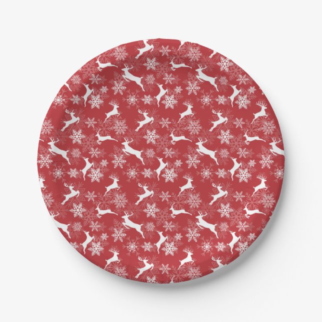 Red Christmas snowflakes deer pattern Paper Plates (Front)