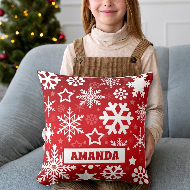 Red Christmas Snowflakes Pattern Kids Name Throw Pillow (Creator Uploaded)