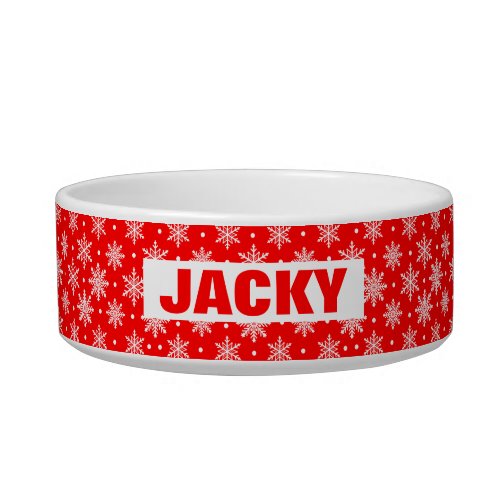 Red Christmas Snowflakes Personalized Cat Dog Name Bowl