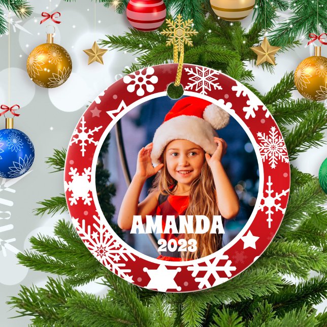 Red Christmas Snowflakes Personalized Kids Photo Ceramic Ornament (Creator Uploaded)