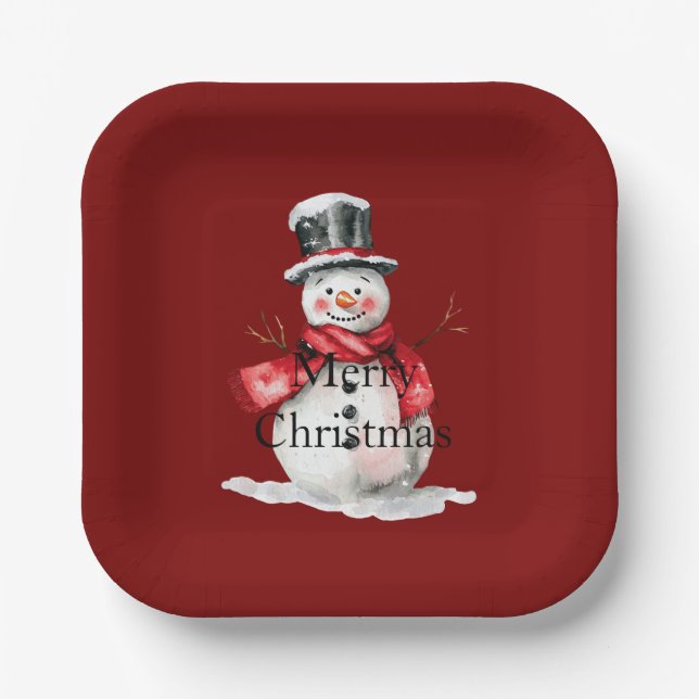 Red Christmas Snowman  Paper Plates (Front)