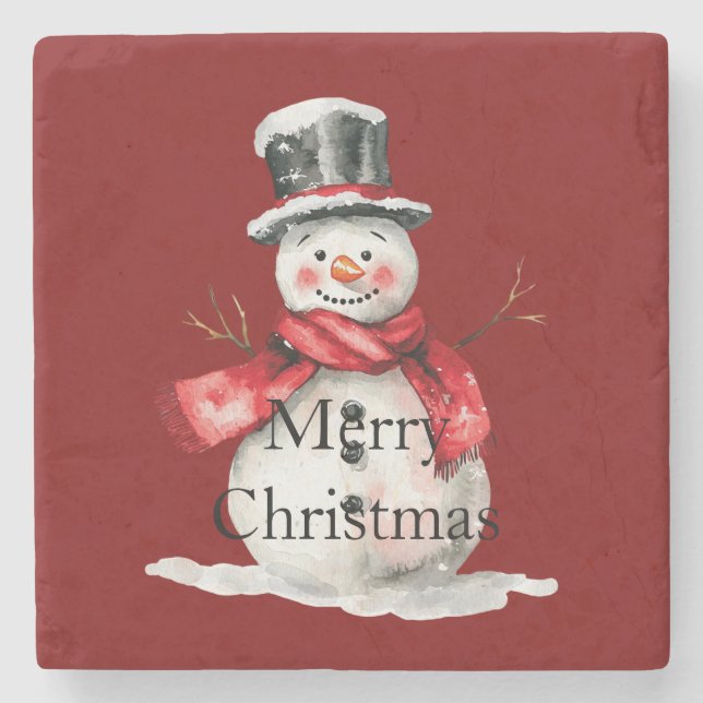Red Christmas Snowman Santa Stone Coaster (Front)