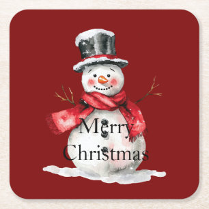 Red Christmas Snowman Square Paper Coaster