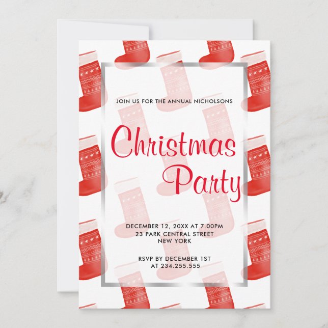 Red Christmas Socks Cute Pattern Holiday Party Invitation (Front)
