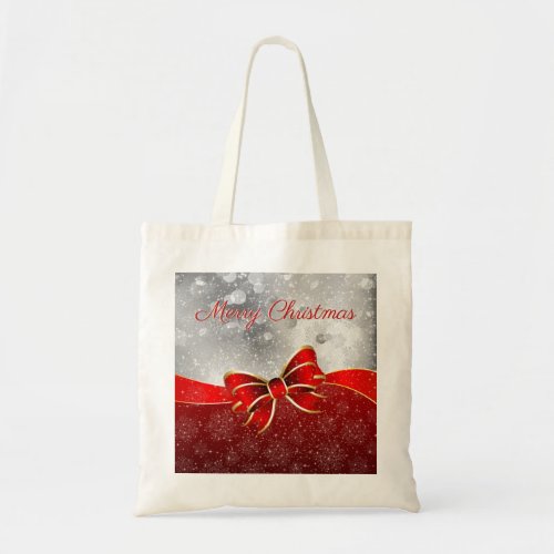 Red Christmas Sparkles Bow Silver Glitter Tote Bag