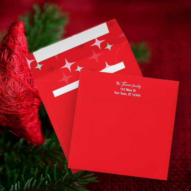 Red Christmas Square Envelope with Stars Inside (Red Christmas square envelope with stars printed on the inside.)
