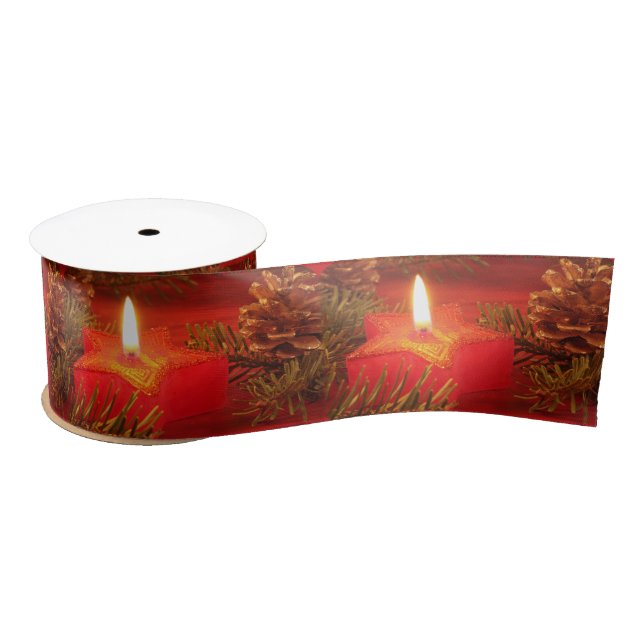 Red Christmas Star Candle Satin Gift Ribbon (Spool)