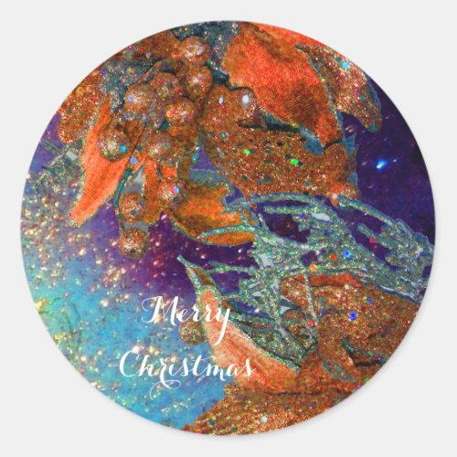 RED CHRISTMAS STARELEGANT FLORAL IN BLUE SPARKLES CLASSIC ROUND STICKER