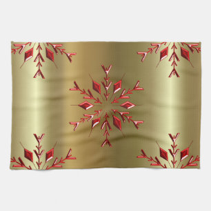 Red Christmas Stars on Gold Kitchen Towel