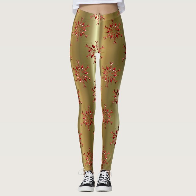 Red Christmas Stars on Gold Leggings (Front)