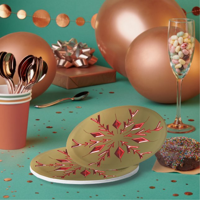 Red Christmas Stars on Gold Paper Plates (Multi)