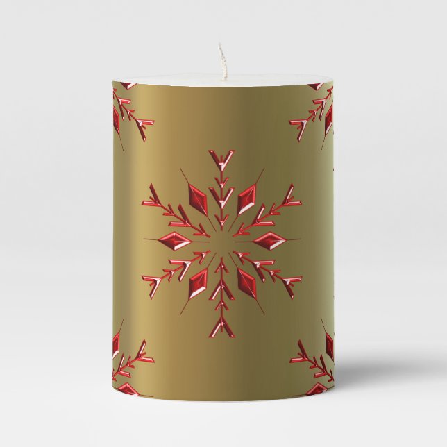 Red Christmas Stars on Gold Pillar Candle (Front)