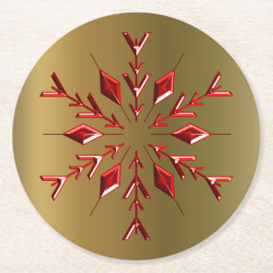 Red Christmas Stars on Gold Round Paper Coaster