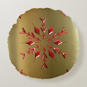 Red Christmas Stars on Gold Round Pillow