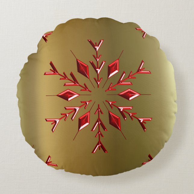 Red Christmas Stars on Gold Round Pillow (Front)