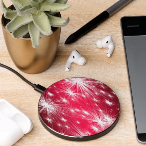 Red Christmas stars with snowflakes and poinsettia Wireless Charger