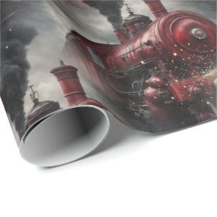 Red Christmas Steam Train Wrapping Paper
