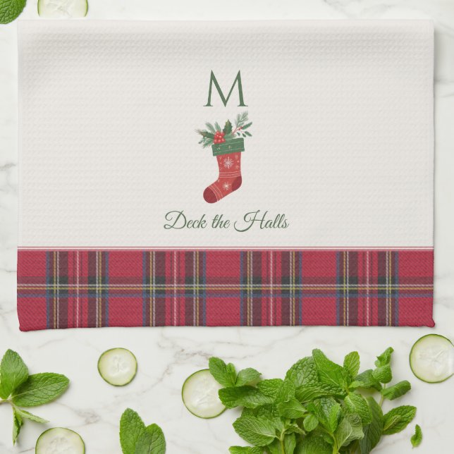 Red Christmas Stocking Custom Monogram Xmas Kitchen Towel (Folded)