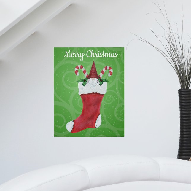 Red Christmas Stocking Gnome Candy Green Swirls Faux Canvas Print (cute Merry christmas gnome in red stocking candy canes green swirls on canvas artwork decoration.)