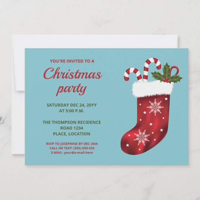Red Christmas Stocking On Blue - Christmas Party Invitation (Front)