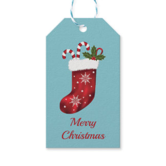 Red Christmas Stocking On Blue - Merry Christmas Gift Tags