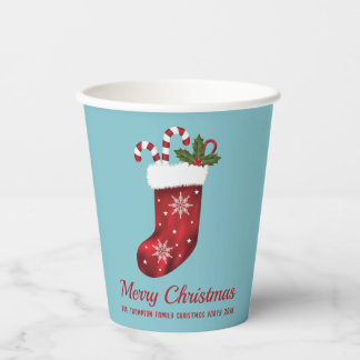 Red Christmas Stocking On Blue Merry Christmas Paper Cups