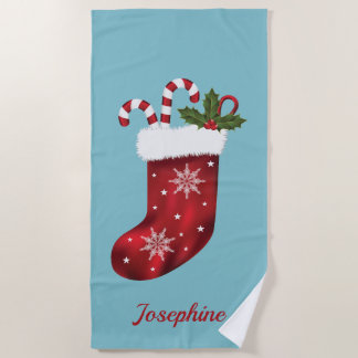 Red Christmas Stocking On Blue With Custom Text Beach Towel