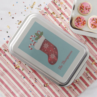 Red Christmas Stocking On Blue With Custom Text Cake Pan