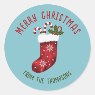 Red Christmas Stocking On Blue With Custom Text Classic Round Sticker