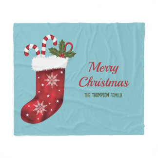 Red Christmas Stocking On Blue With Custom Text Fleece Blanket
