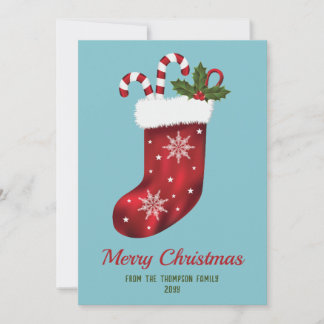 Red Christmas Stocking On Blue With Custom Text Holiday Card