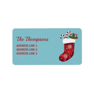 Red Christmas Stocking On Blue With Custom Text Label