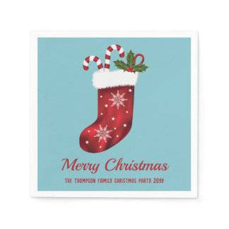 Red Christmas Stocking On Blue With Custom Text Napkins