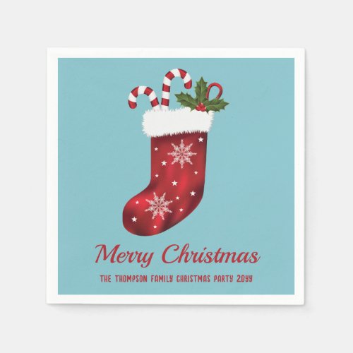 Red Christmas Stocking On Blue With Custom Text Napkins