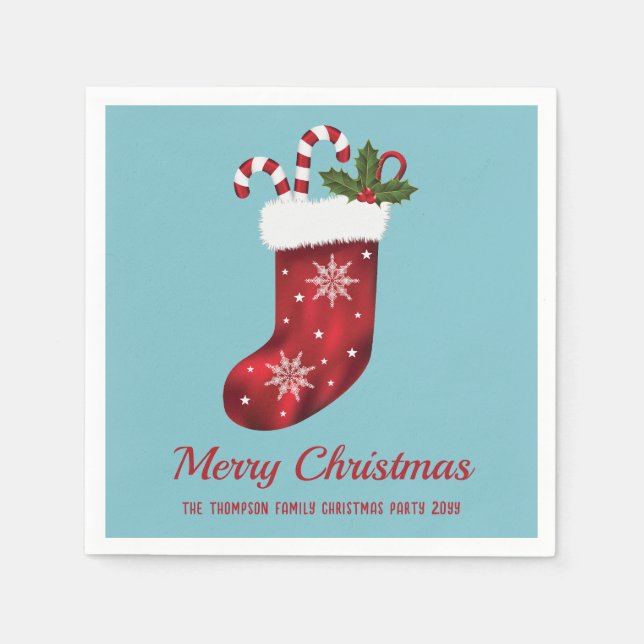 Red Christmas Stocking On Blue With Custom Text Napkins (Front)