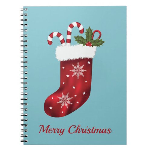 Red Christmas Stocking On Blue With Custom Text Notebook