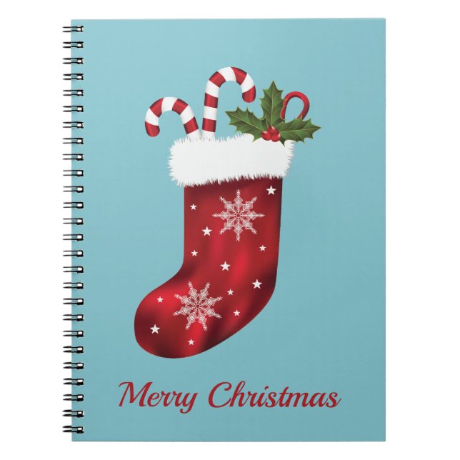 Red Christmas Stocking On Blue With Custom Text Notebook (Front)
