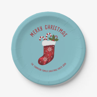 Red Christmas Stocking On Blue With Custom Text Paper Plates