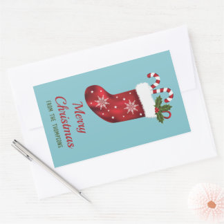 Red Christmas Stocking On Blue With Custom Text Rectangular Sticker