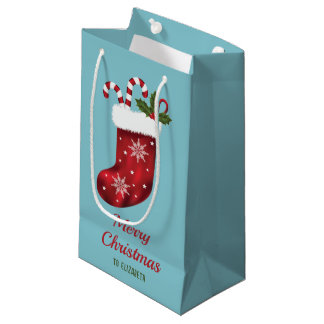 Red Christmas Stocking On Blue With Custom Text Small Gift Bag
