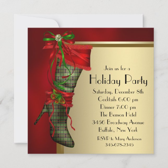 Red Christmas Stocking Red Gold Christmas Party Invitation (Front)