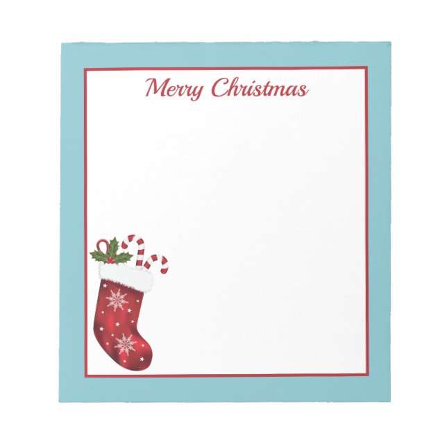 Red Christmas Stocking With Blue And Custom Text Notepad (Front)