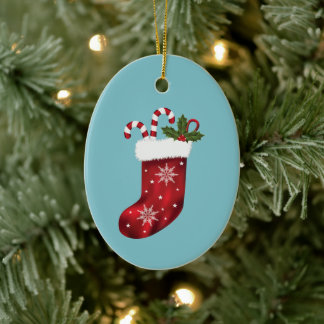 Red Christmas Stocking With Candy Canes And Holly Ceramic Ornament