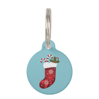 Red Christmas Stocking With Candy Canes And Holly Pet ID Tag